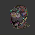 Futuristic Mechanical Helmet With Intricate Components Pipes Stickers And Display Screen