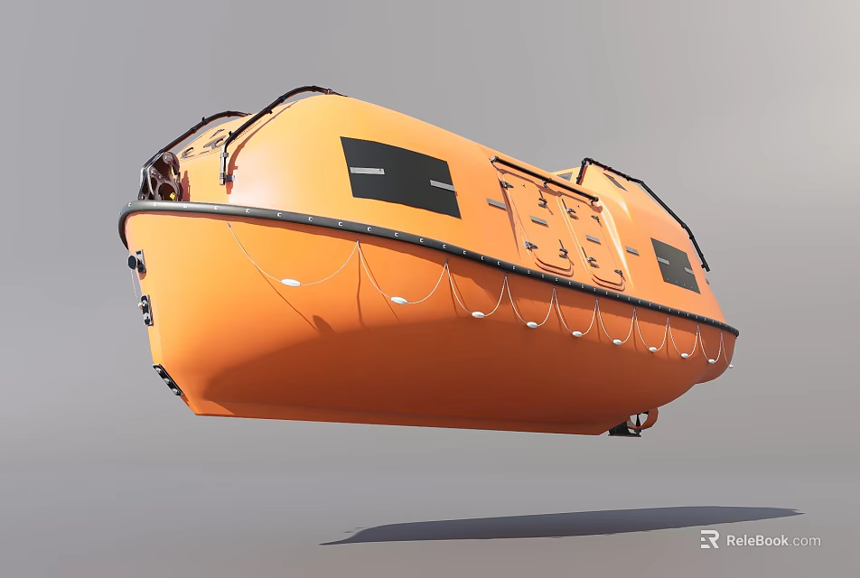 Orange Yacht Lifeboat With Enclosed Design Black Windows And Safety Ropes Exterior 3d model 
