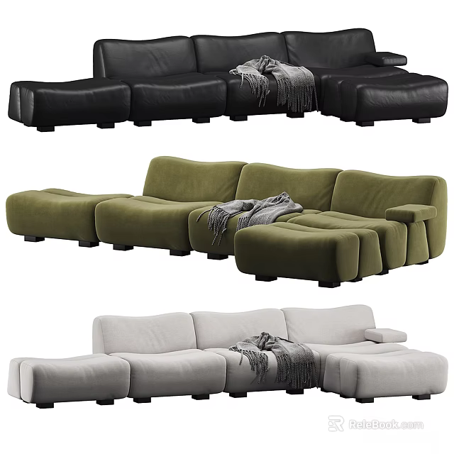 Modern Sectional Sofa In Black Green And Light Gray With Modular Design And Cozy Blanket 3d model 