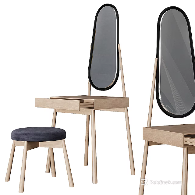 Minimalist Wooden Dressing Table With Oval Mirror And Blue Cushioned Stool 3d model 