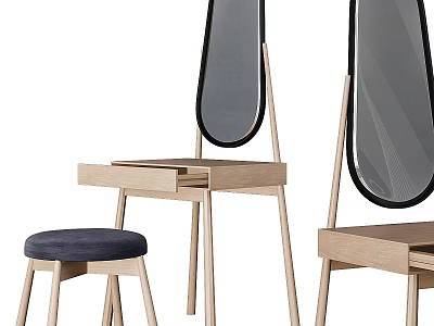 Minimalist Wooden Dressing Table With Oval Mirror And Blue Cushioned Stool 3d model