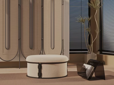 Modern Round Upholstered Leisure Chair In Living Room With Plant And Magazine Rack 3d model