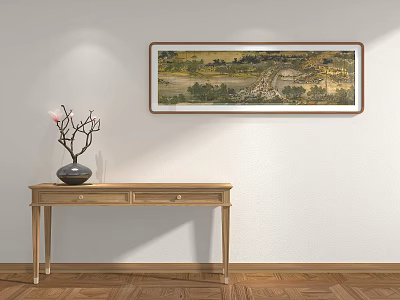 Traditional Chinese Interior With Hanging Landscape Painting Wooden Console Table Vase And Branches 3d model