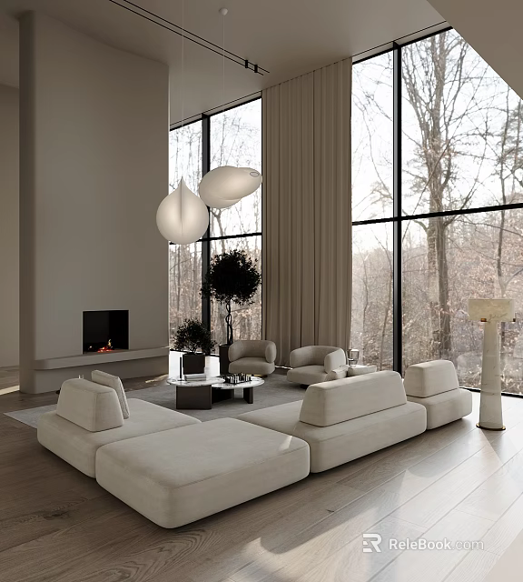 Spacious Duplex Living Room Interior With Large Windows Natural View And Light Sofa 3d model 