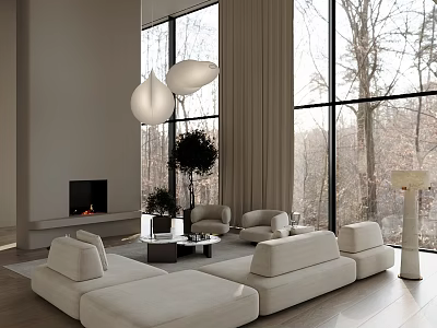 Spacious Duplex Living Room Interior With Large Windows Natural View And Light Sofa 3d model