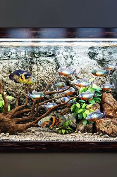 Beautiful Aquarium Setup with Colorful Tropical Fish Driftwood Rocks and Green Aquatic Plants 3d model