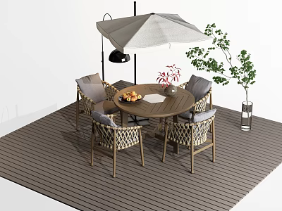 Outdoor Table and Chair Set with Umbrella on Wooden Deck Fruit Plate and Flower Vase 3d model