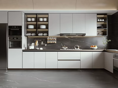 Modern Kitchen Cabinets With White Panel And Marble Countertop Integrated Appliances 3d model