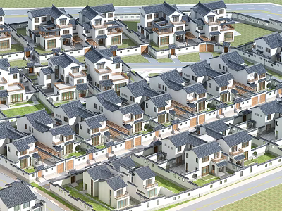 Detached Villas in Organized Residential Community With Sloped Roofs and Green Lawns 3d model