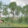 Arbor Trees Surrounding Natural Pond With Pink Bird Reeds And Grass