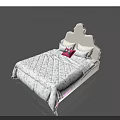 White Double Bed with Unique Headboard Design and Patterned Quilt and Red Accent Pillows
