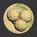 Three Golden Steamed Buns On Bamboo Plate With Leaf Pattern 3d model