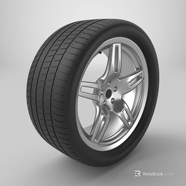 Car Tire with Silver Alloy Wheel Spoke Design and Black Tread Pattern Exterior 3d model 