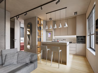 Modern Apartment Interior With Open Kitchen Living Room Sofa And Pendant Lights 3d model