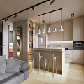 Modern Apartment Interior With Open Kitchen Living Room Sofa And Pendant Lights