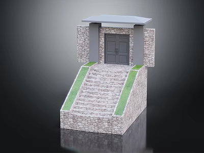 Modern Entrance Gate With Stone Steps Grass Flanks Stone Walls And Gray Canopy 3d model