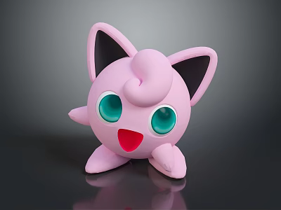 Cute Pink Cartoon Creature Character with Large Green Eyes Black Ears and Open Mouth 3d model