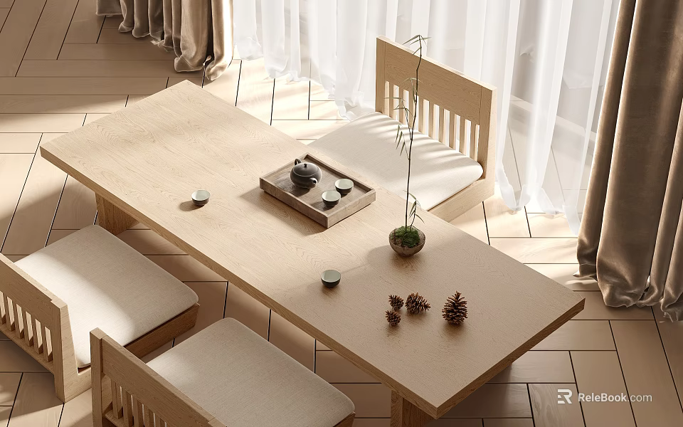 Minimalist Wooden Tea Table and Chairs with Tea Set Pine Cones Small Plant and Sunlight 3d model 