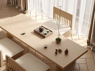 Minimalist Wooden Tea Table and Chairs with Tea Set Pine Cones Small Plant and Sunlight 3d model