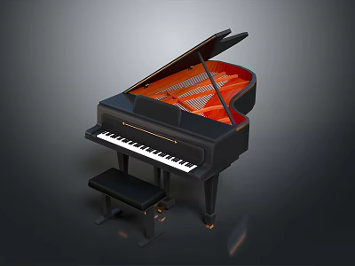 Elegant Black Grand Piano With Matching Wooden Piano Stool For Home Use 3d model
