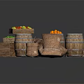 Fresh Orange Red Green Fruits in Wooden Barrels Crates with Sacks and Salt Bags