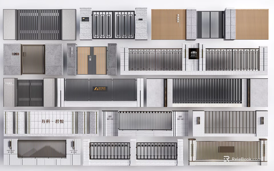 Diverse Building Facade Designs With Metal Grilles Wood Panels And Stone Elements 3d model 