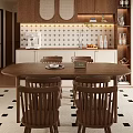 Modern Wooden Dining Table And Chairs Set In Kitchen With Tile Wall And Cabinets