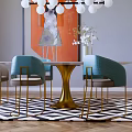Round Dining Table Set with Green Chairs Gold Base Spherical Pendant Light Geometric Rug 3d model