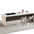 Modern Bar Counter With Vertical Slats Light Wood Top Featuring Cooktop Fruits And Bar Stools