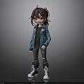 Cartoon Girl Character Wearing Blue Jacket Black Ripped Pants And White High Top Sneakers