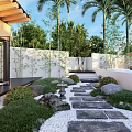 Karesansui Zen Garden Landscape With Raked Sand Moss And Stone Arrangement