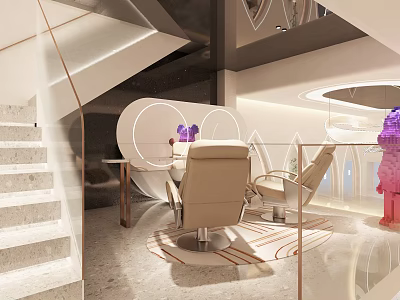 Elegant Modern Interior Featuring Staircase Chairs Circular Decor And Lighting 3d model