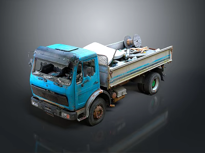 Blue Dump Truck Loaded With Tires And Other Items On Gray Background 3d model