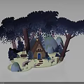 Whimsical Paper Art Forest With Tall Trees Small Cabin Snowy Ground Ladder Fence And Pig