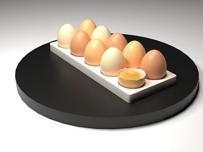 Fresh White And Brown Eggs On Tray With Cracked Yolk On Black Circular Base 3d model