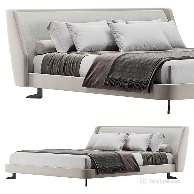 Modern Double Bed With Light Gray Upholstered Headboard Plush Pillows And Soft Throw Blanket 3d model