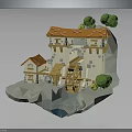 Low Poly Watermill Building With Orange Roof On Rock Surrounded By Trees