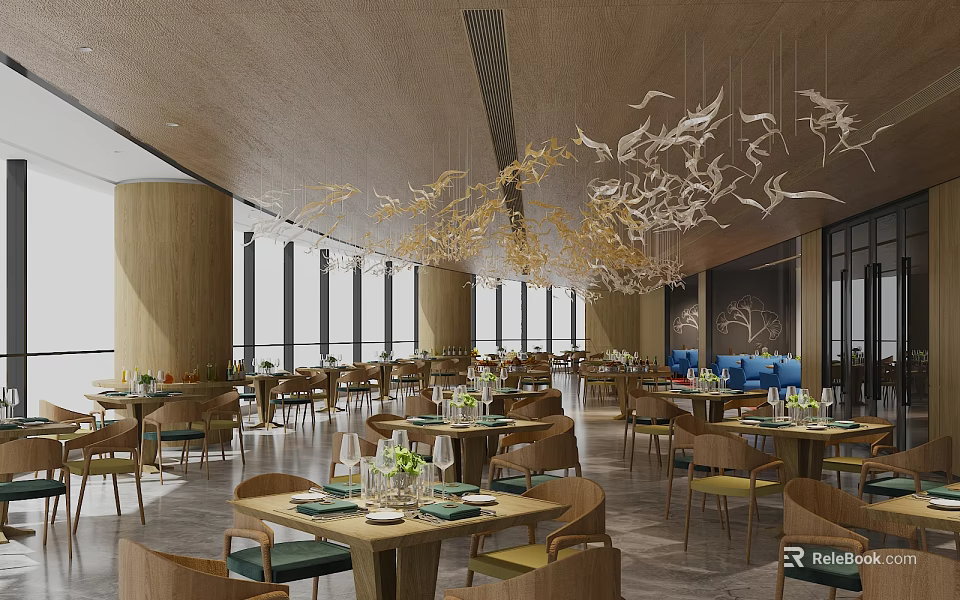Modern Restaurant Interior With Open Space Wooden Ceiling Bird Chandeliers And Dining Tables 3d model 