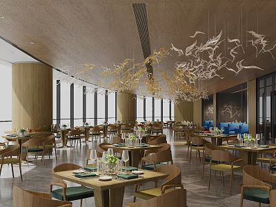 Modern Restaurant Interior With Open Space Wooden Ceiling Bird Chandeliers And Dining Tables 3d model