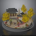 Traditional Asian Architectural Scene Model With Pagoda Golden Trees And Circular Base