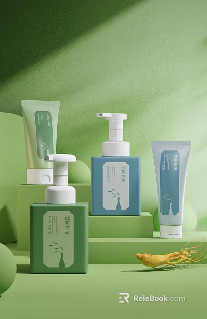 Skincare Products With Various Packaging On Green Background 3d model 