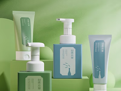 Skincare Products With Various Packaging On Green Background 3d model