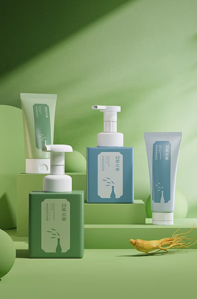 Skincare Products With Various Packaging On Green Background 3d model