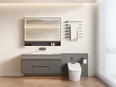 Modern Bathroom Interior With Gray Vanity Lighted Mirror White Toilet And Towel Rack 3d model