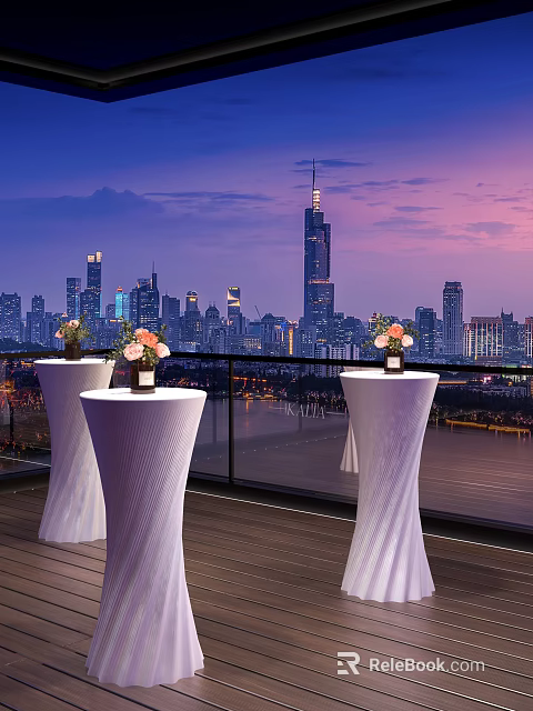 White High Top Dining Tables On Terrace With Vases Flowers And City Night View Buildings 3d model 