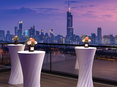 White High Top Dining Tables On Terrace With Vases Flowers And City Night View Buildings 3d model
