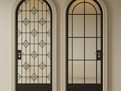 Arched Glass Doors With Decorative Patterns And Striped Panels Frame Design 3d model