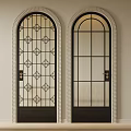 Arched Glass Doors With Decorative Patterns And Striped Panels Frame Design