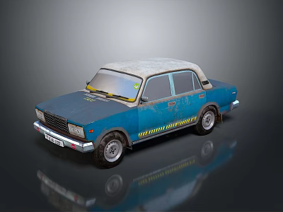 Vintage Blue Sedan with Beige White Top and Yellow Lettering Decals Worn Retro Exterior Design 3d model