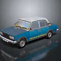 Vintage Blue Sedan with Beige White Top and Yellow Lettering Decals Worn Retro Exterior Design